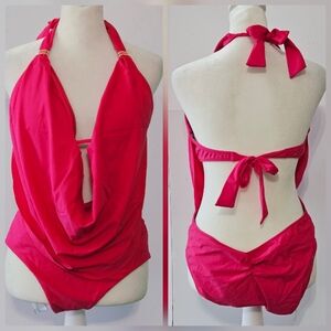 Size L Bar III Created by Macy's Hot Pink Fuschia Womens Scoop Plunge Ruched Nec
